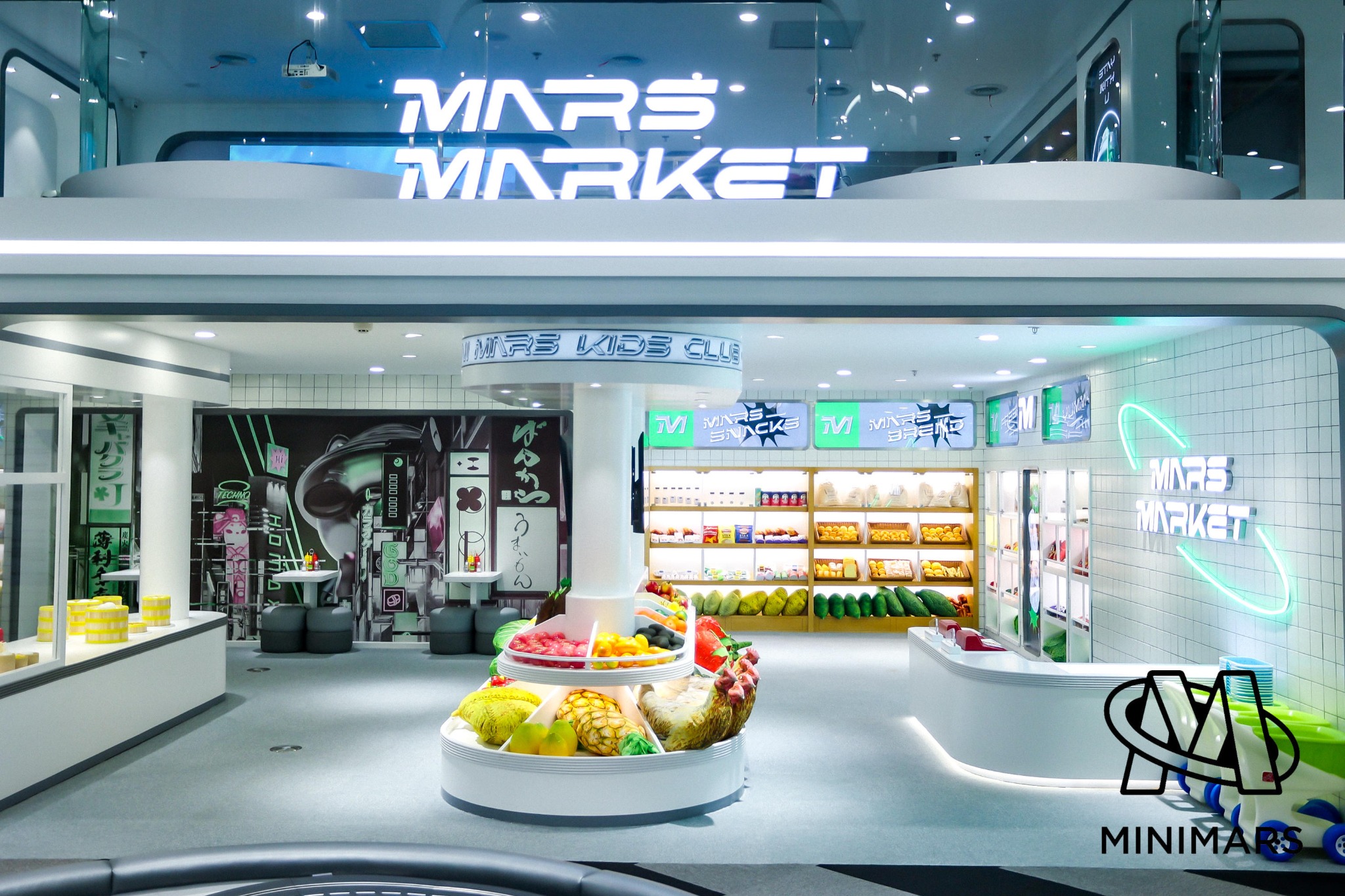 Completed Mini Mars market interior with an illustrated feature wall
