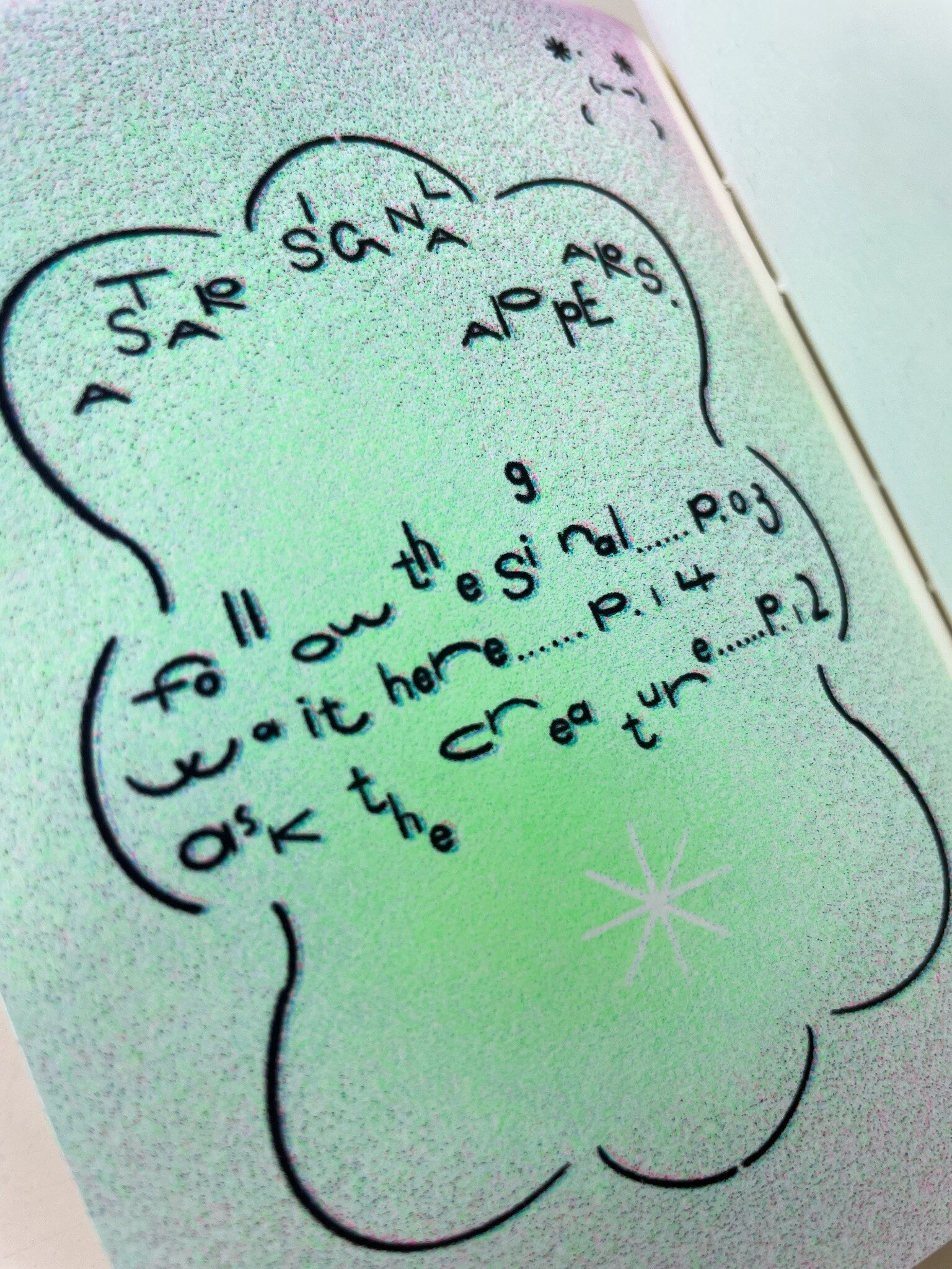 Close-up of hand-drawn lettering and Risograph texture